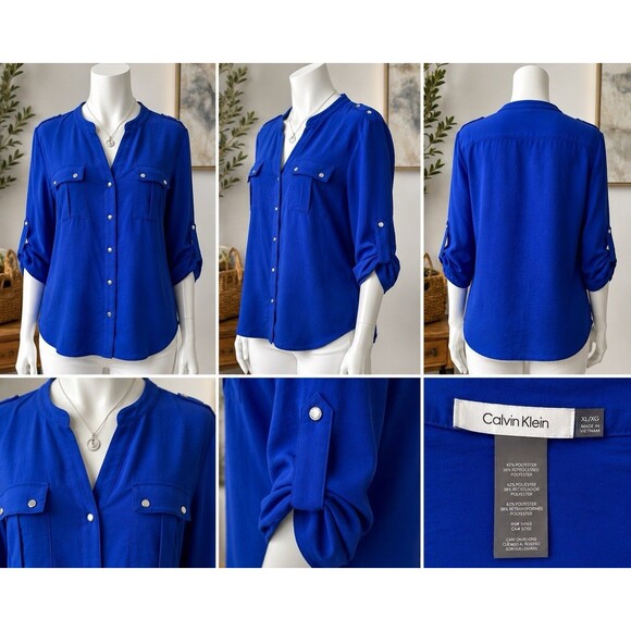 Calvin Klein Tops - Calvin Klein XLarge Royal Blue Roll-Tab Sleeve  Utility Button Front Q Luxury